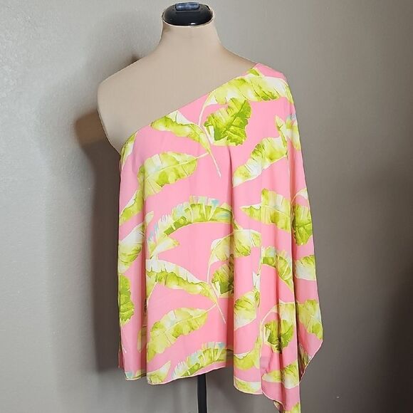 NWT Adrienne Medium Coral and Lime Palm Print Floral One Shoulder Sleeve Top - Picture 1 of 8